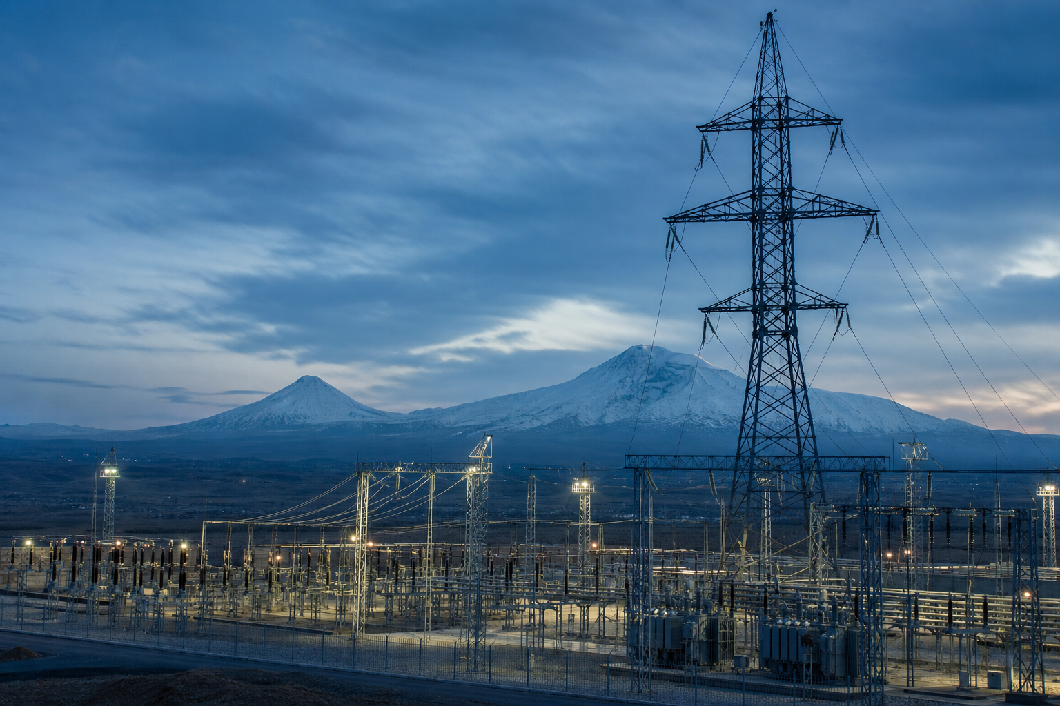 High-voltage substation and mountains in Armenia at blue hour
